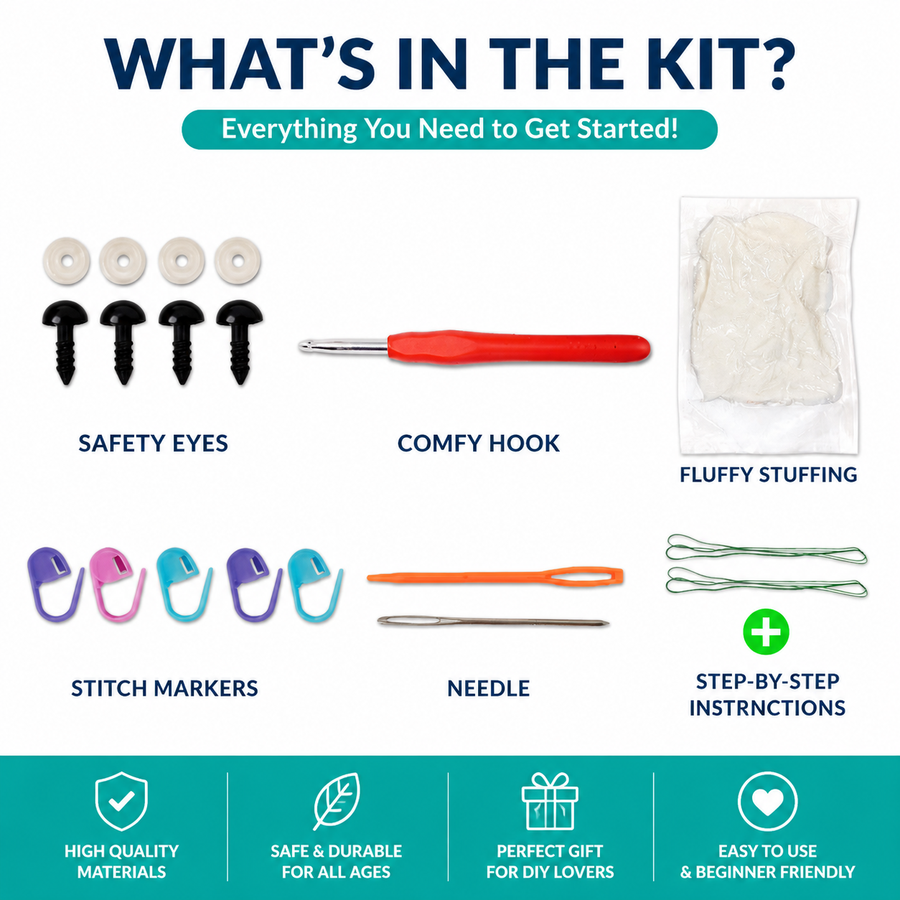 Z.Complete Crochet Starter Kit for Beginners | DIY Amigurumi Tool Set with Hook, Stitch Markers, Needle, Stuffing & Safety Eyes