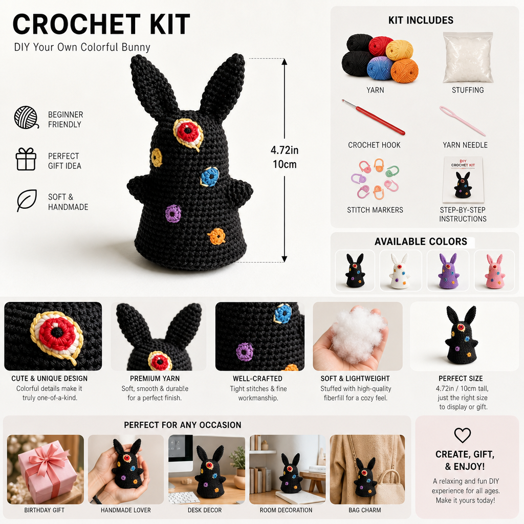 Black Bunny Crochet Kit with Colorful Details