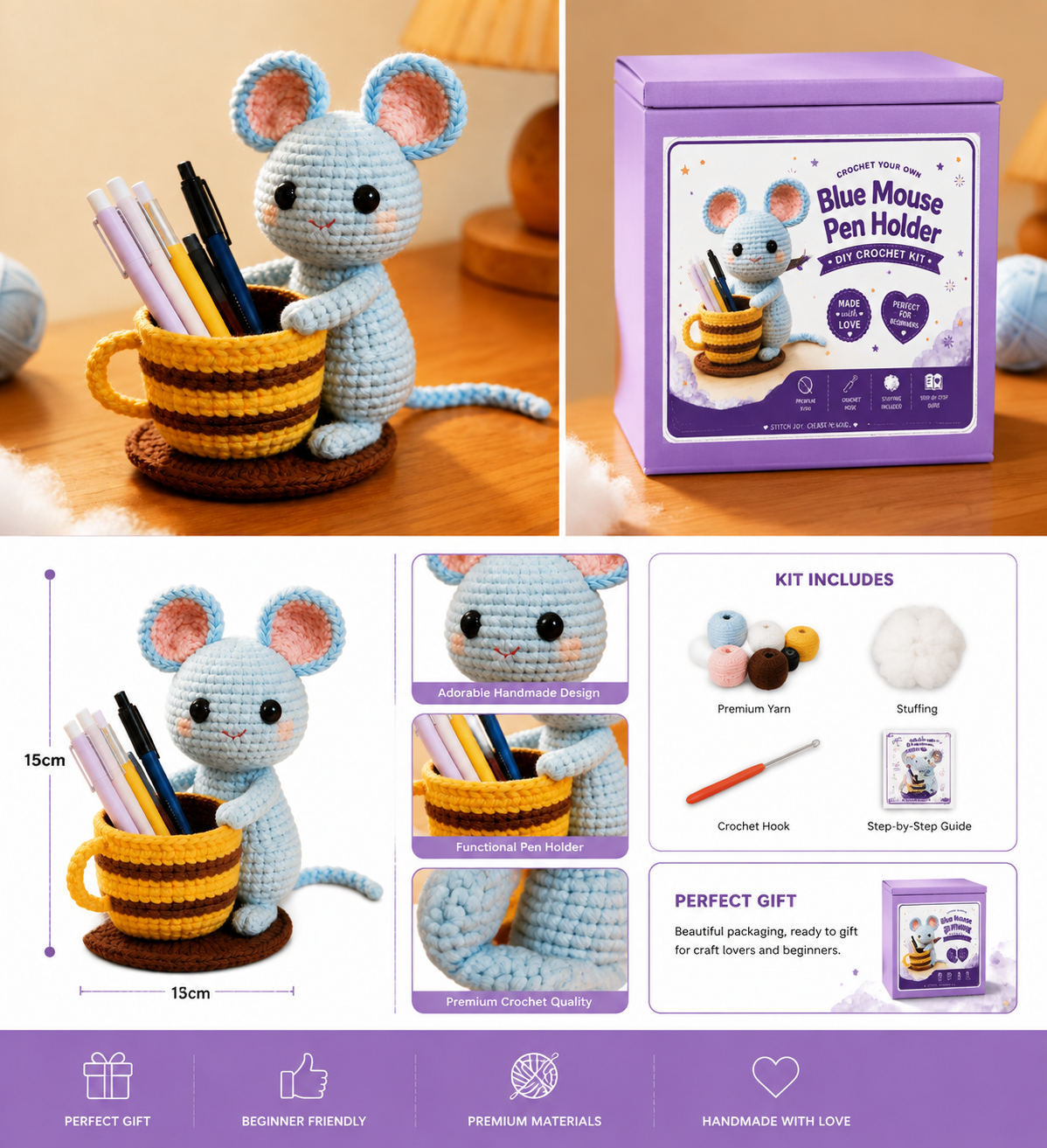 Blue Mouse Pen Holder Crochet Kit