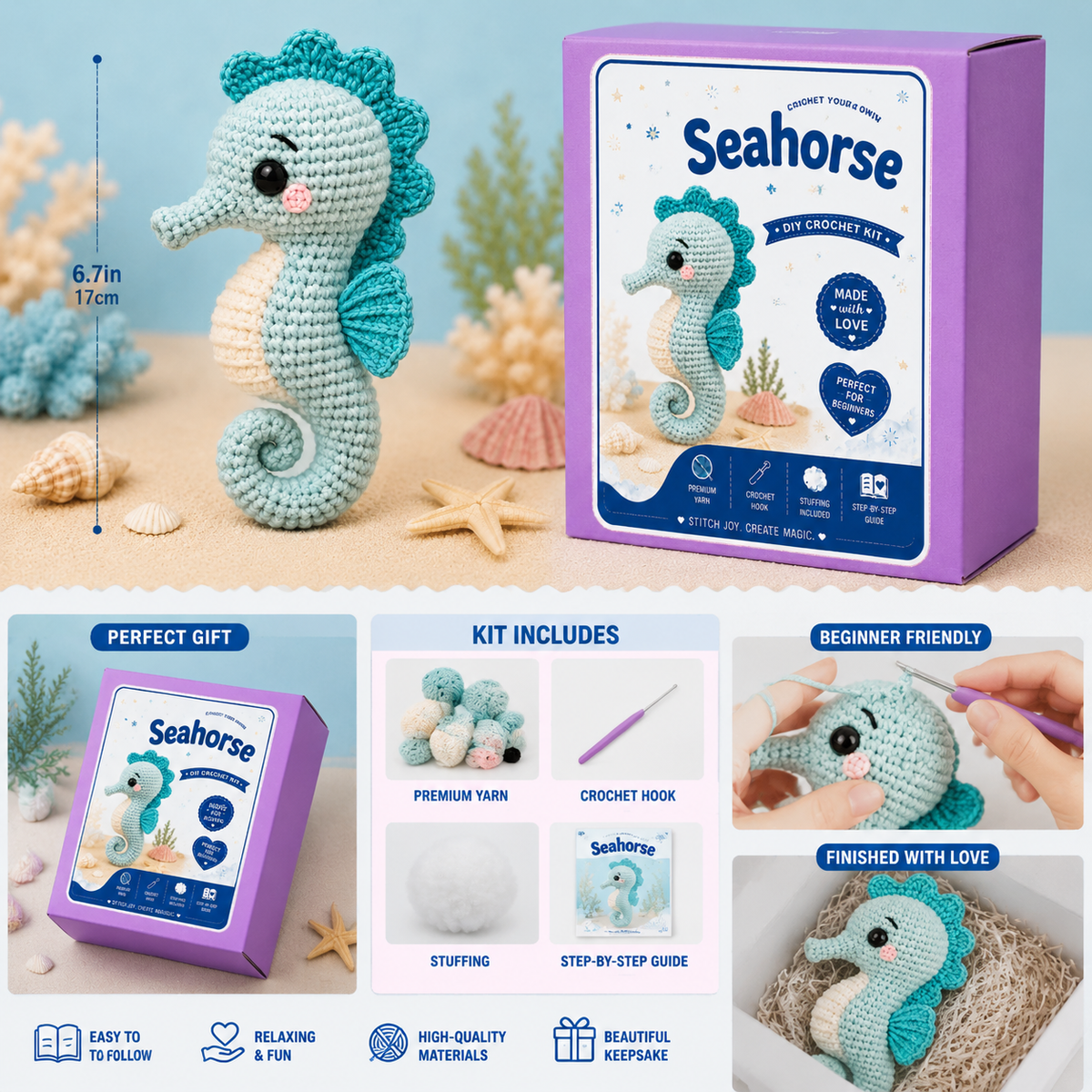 Blue Seahorse Crochet Kit with Curled Tail