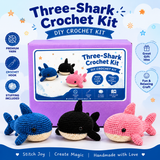 Three-Shark Crochet Kit – Blue, Black & Pink Set