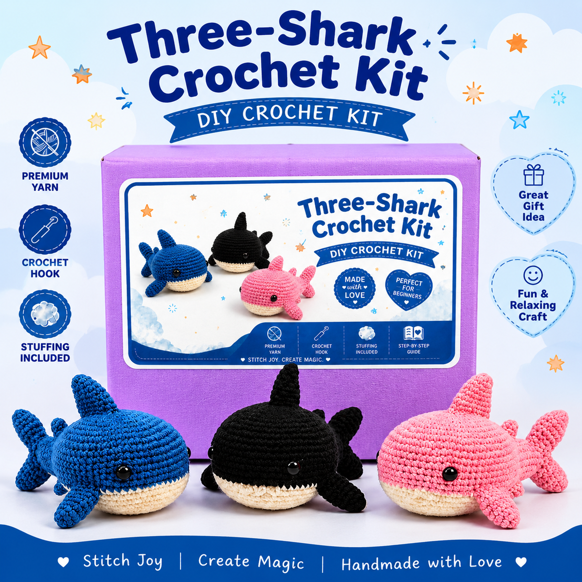 Three-Shark Crochet Kit – Blue, Black & Pink Set