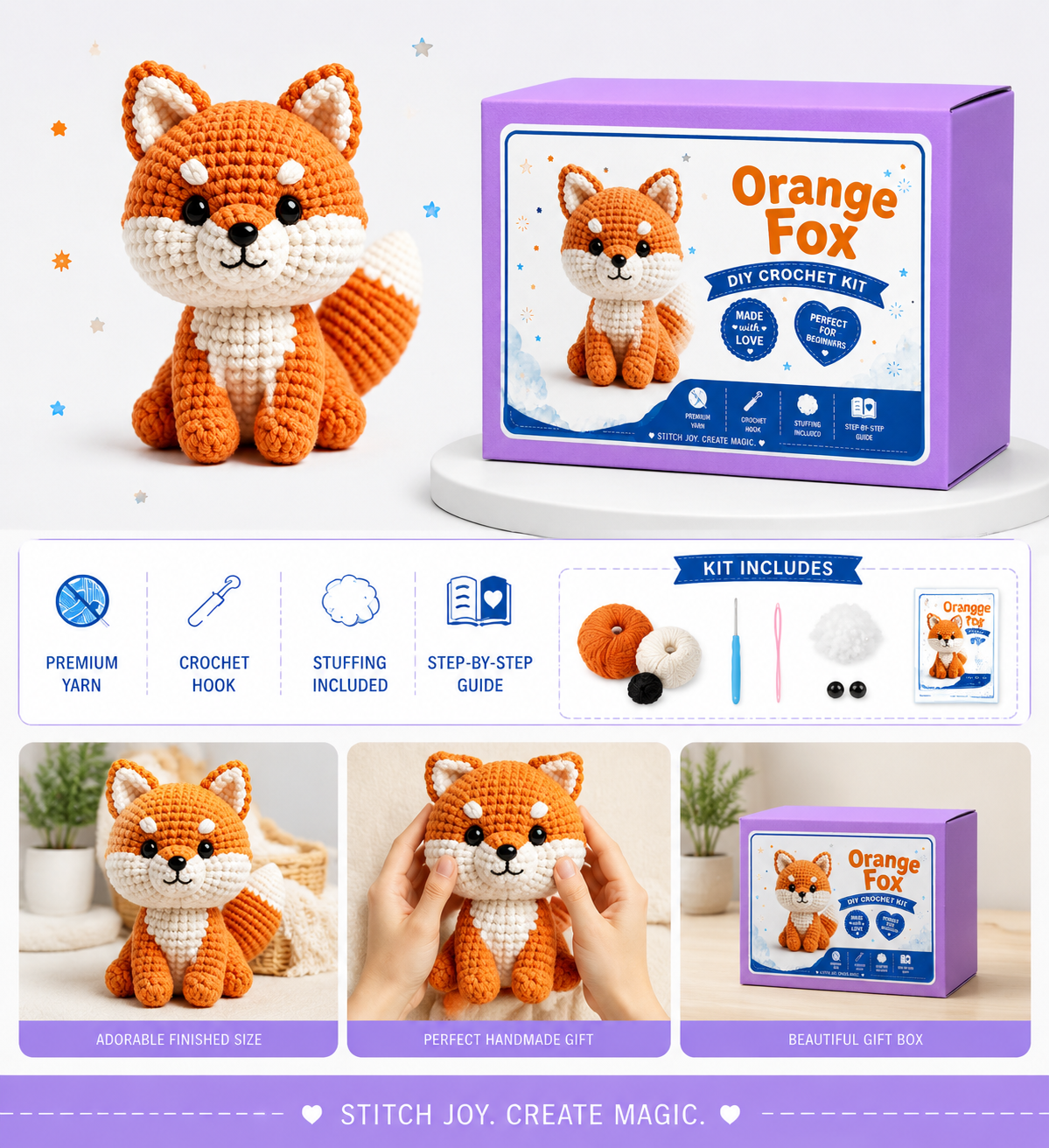 Orange Fox Crochet Kit with Bushy Tail