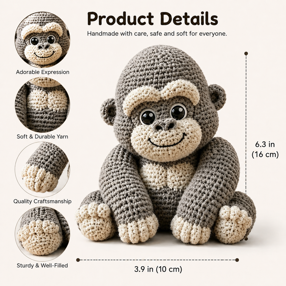 Gray Gorilla Crochet Kit with Cream Details
