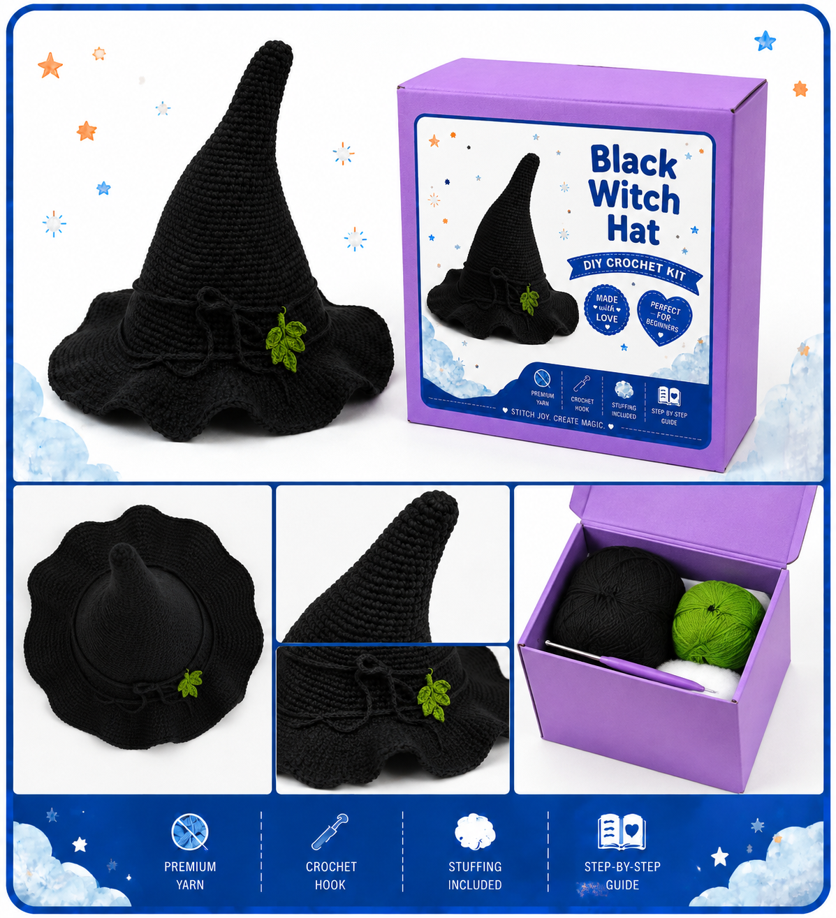 Black Witch Hat Crochet Kit with Leaf Detail