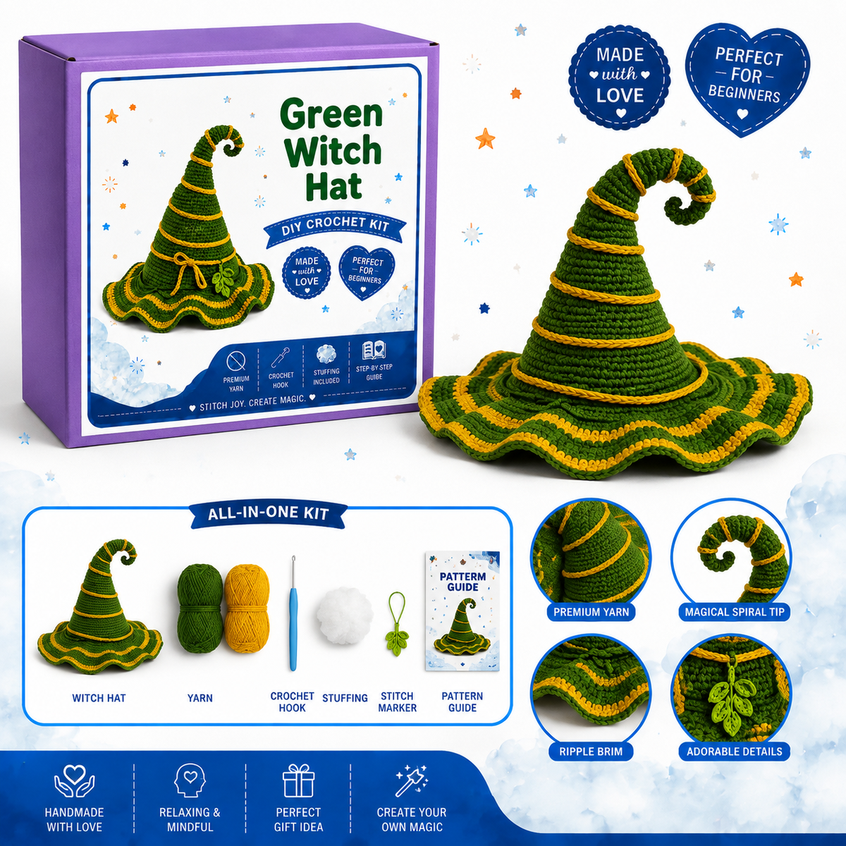 Green Witch Hat Crochet Kit with Golden Stripes
