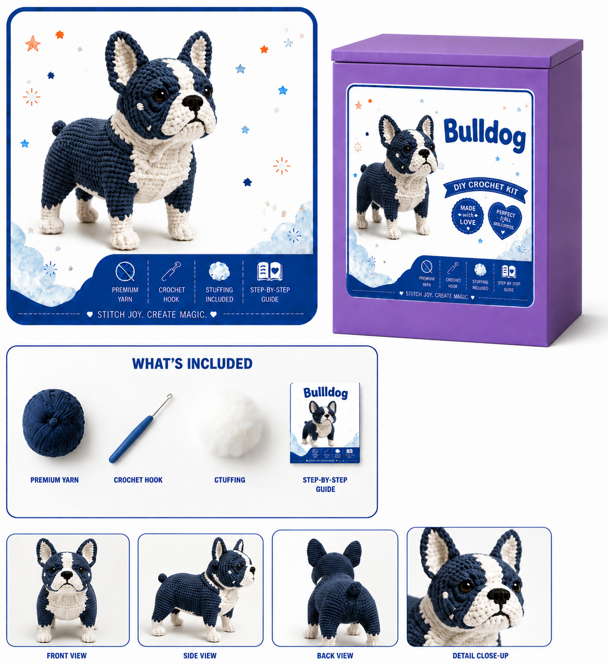 Blue and White Bulldog Crochet Kit
