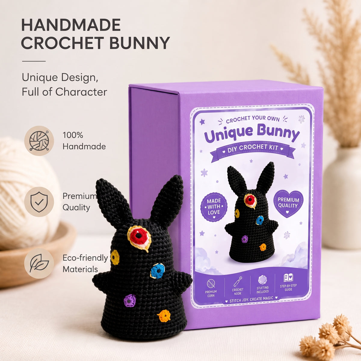 Black Bunny Crochet Kit with Colorful Details