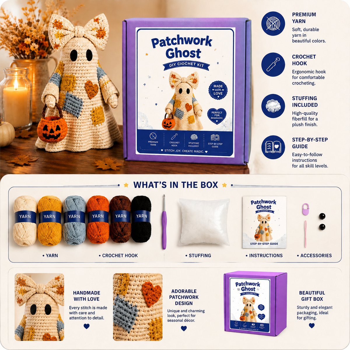 Patchwork Ghost Crochet Kit with Pumpkin Basket
