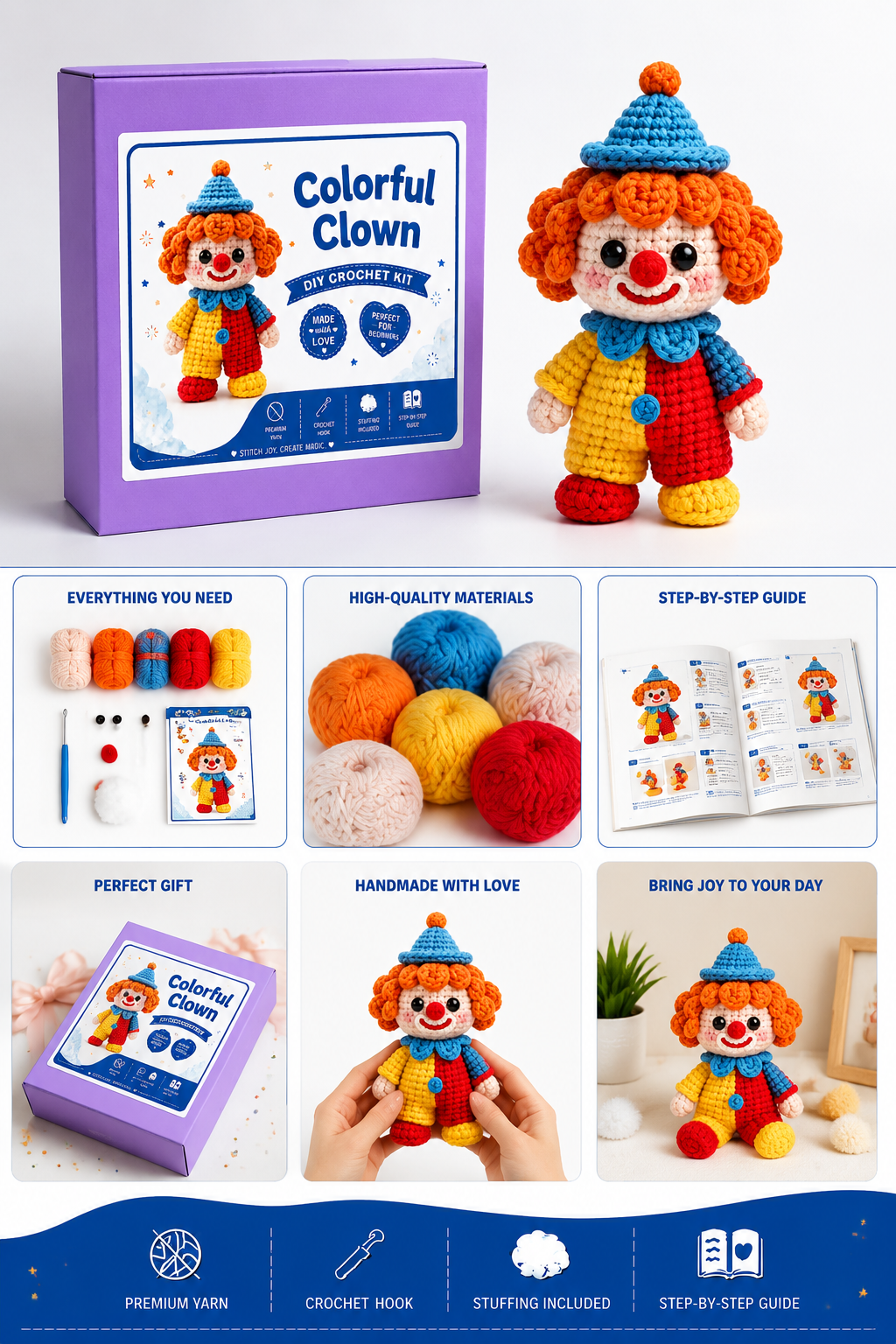 Colorful Clown Crochet Kit with Curly Orange Hair