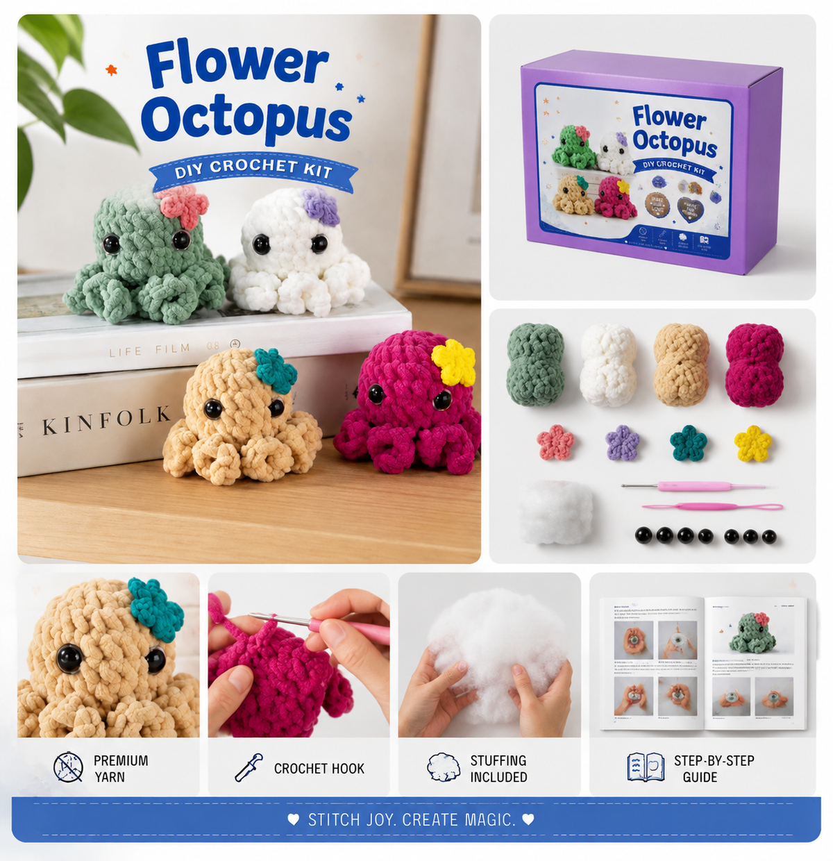 Flower Octopus Crochet Kit – 4 Color Options