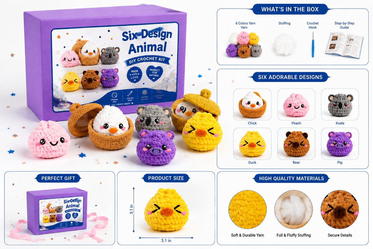 Six-Design Animal Crochet Plushie Kit Set