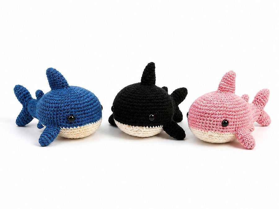 Three-Shark Crochet Kit – Blue, Black & Pink Set