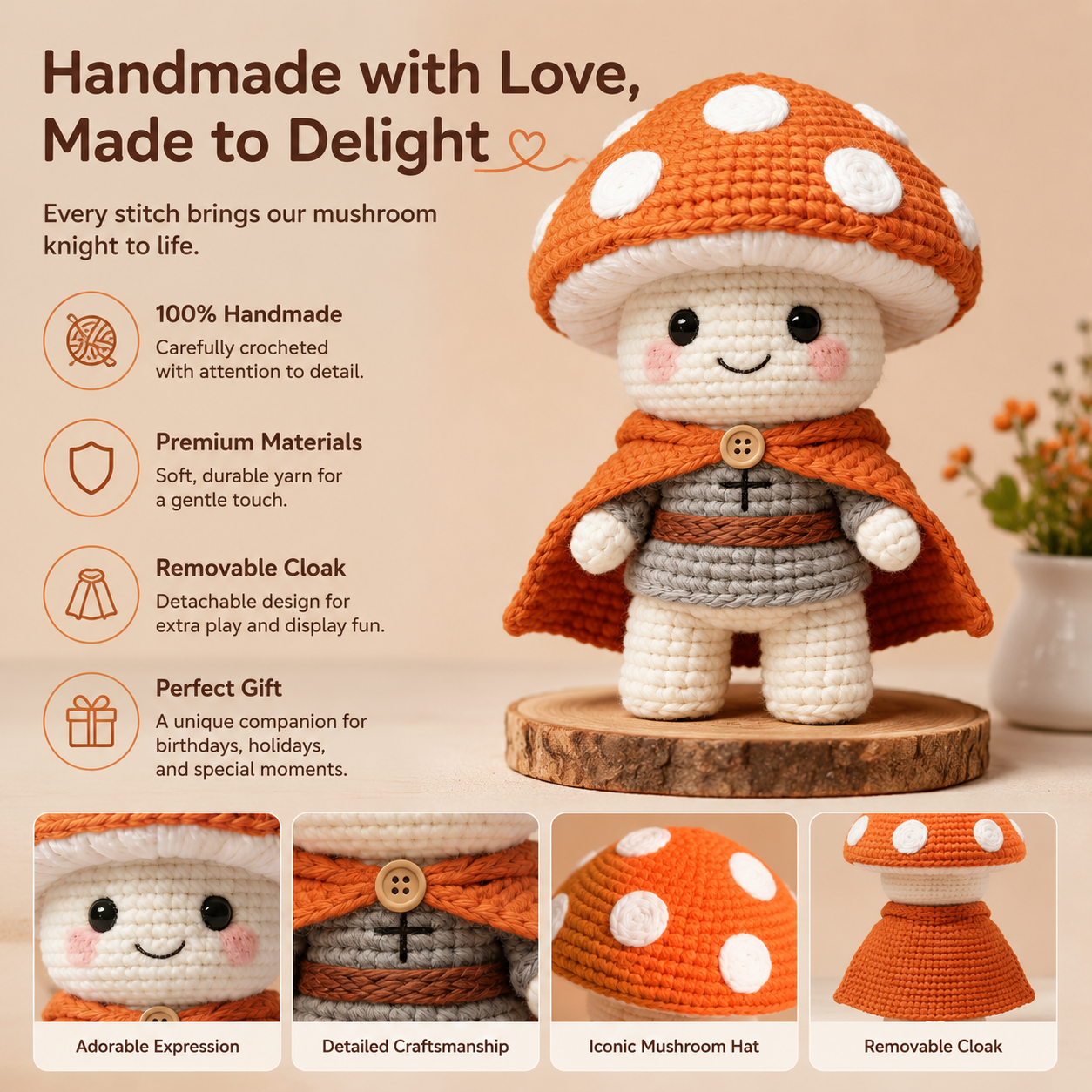 Handmade Mushroom Doll Crochet Plush | Finished Amigurumi Gift