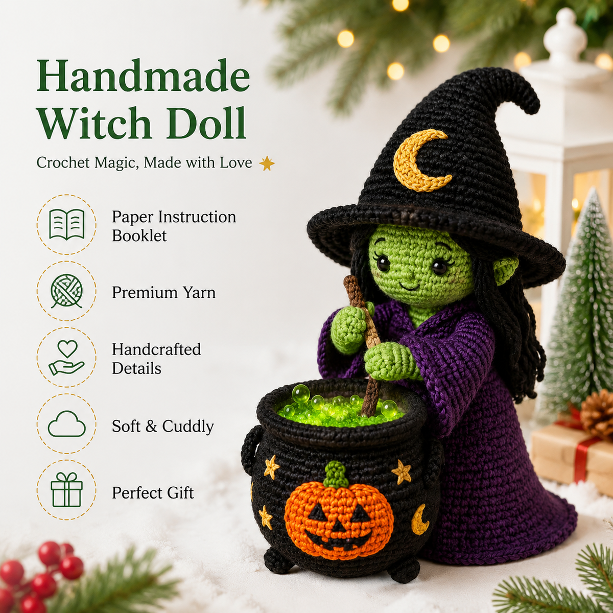 Halloween Witch and Pumpkin Cauldron Crochet Kit