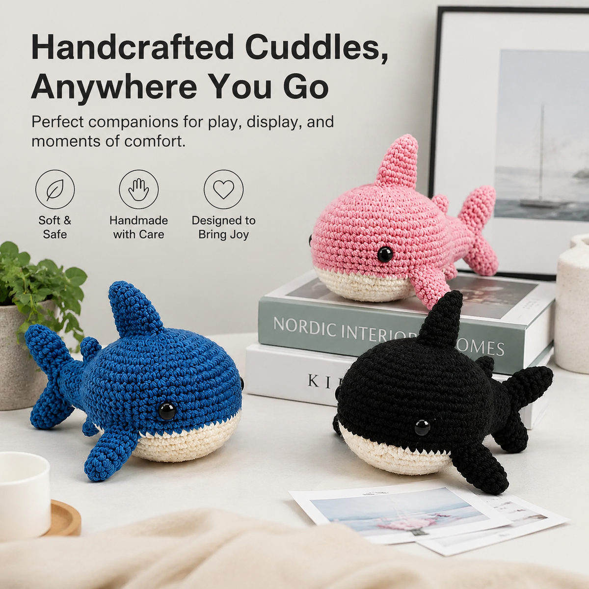 Three-Shark Crochet Kit – Blue, Black & Pink Set