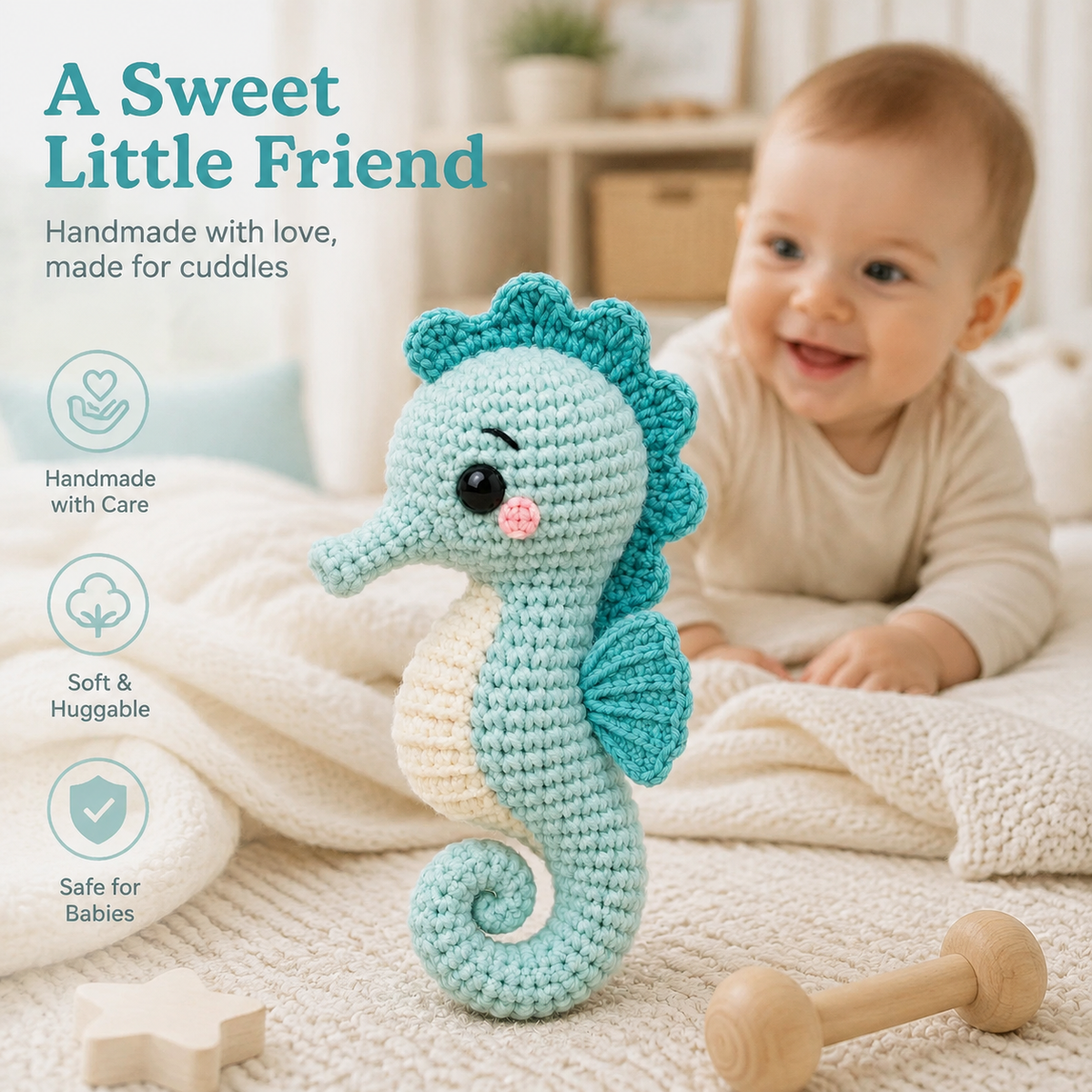 Blue Seahorse Crochet Kit with Curled Tail