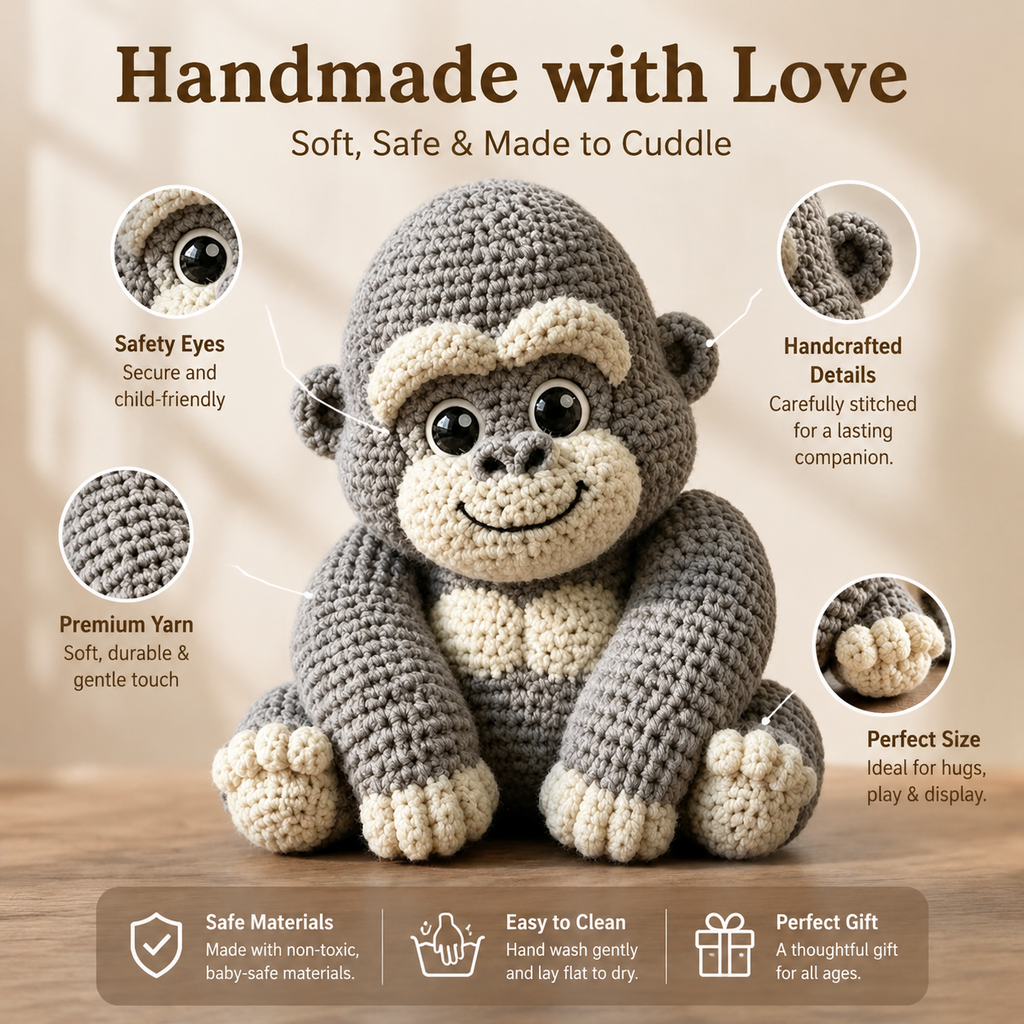 Gray Gorilla Crochet Kit with Cream Details