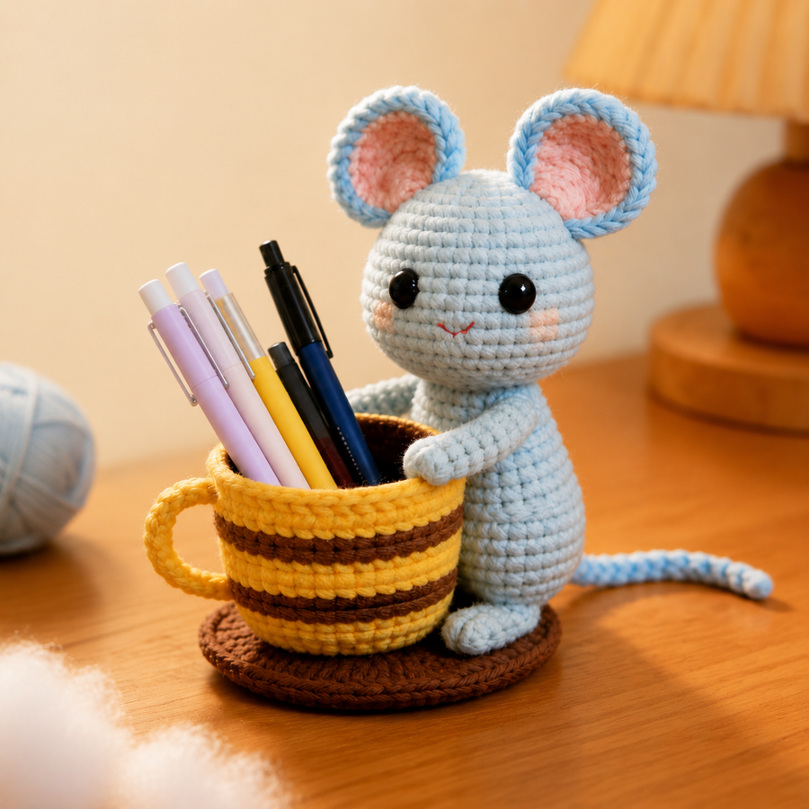 Blue Mouse Pen Holder Crochet Kit