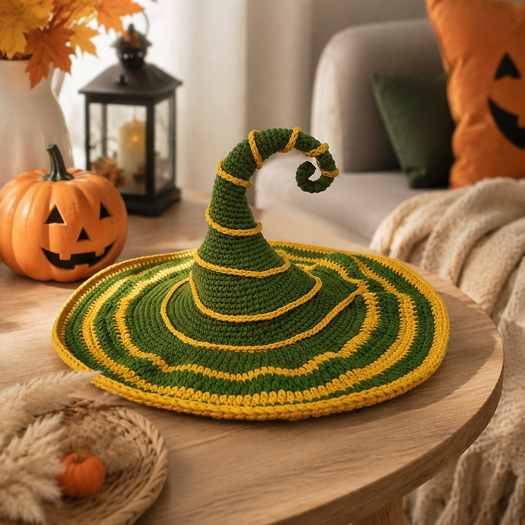 Green Witch Hat Crochet Kit with Golden Stripes