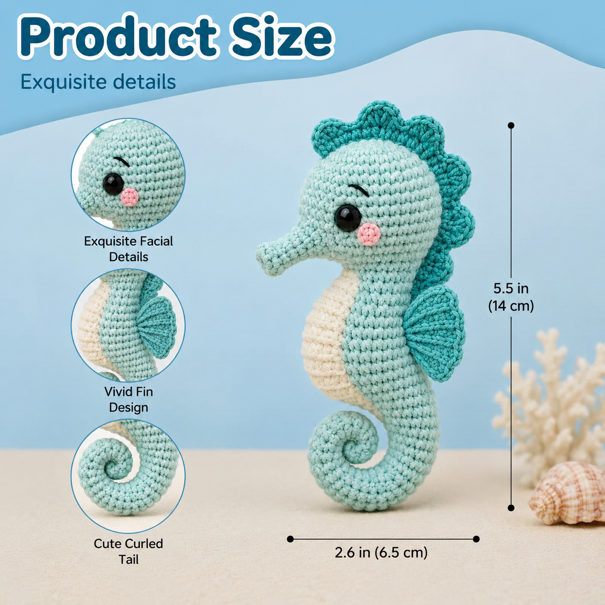 Blue Seahorse Crochet Kit with Curled Tail