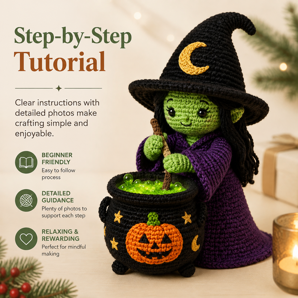Halloween Witch and Pumpkin Cauldron Crochet Kit