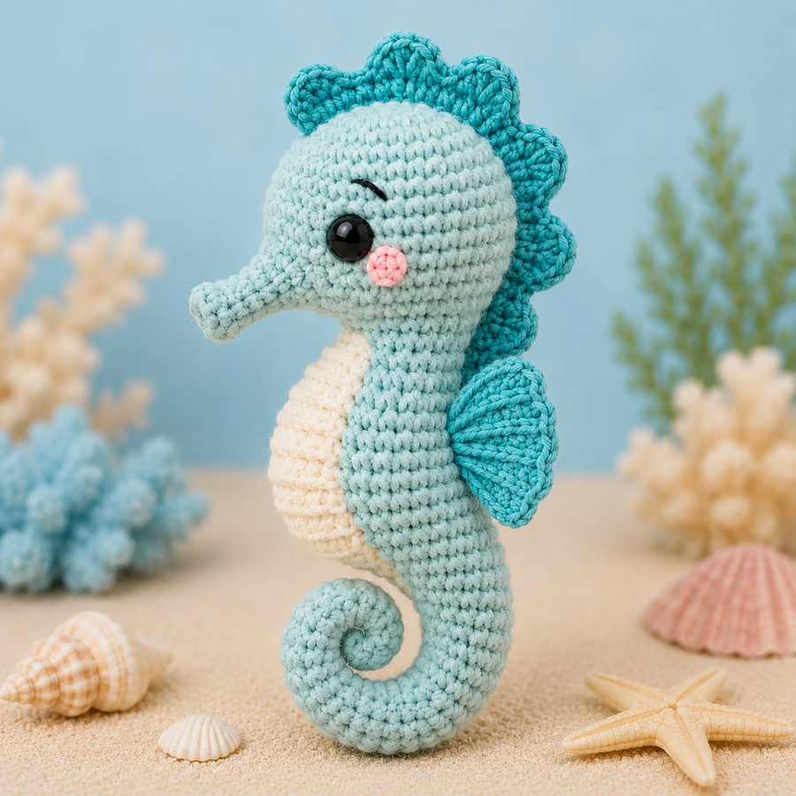 Blue Seahorse Crochet Kit with Curled Tail