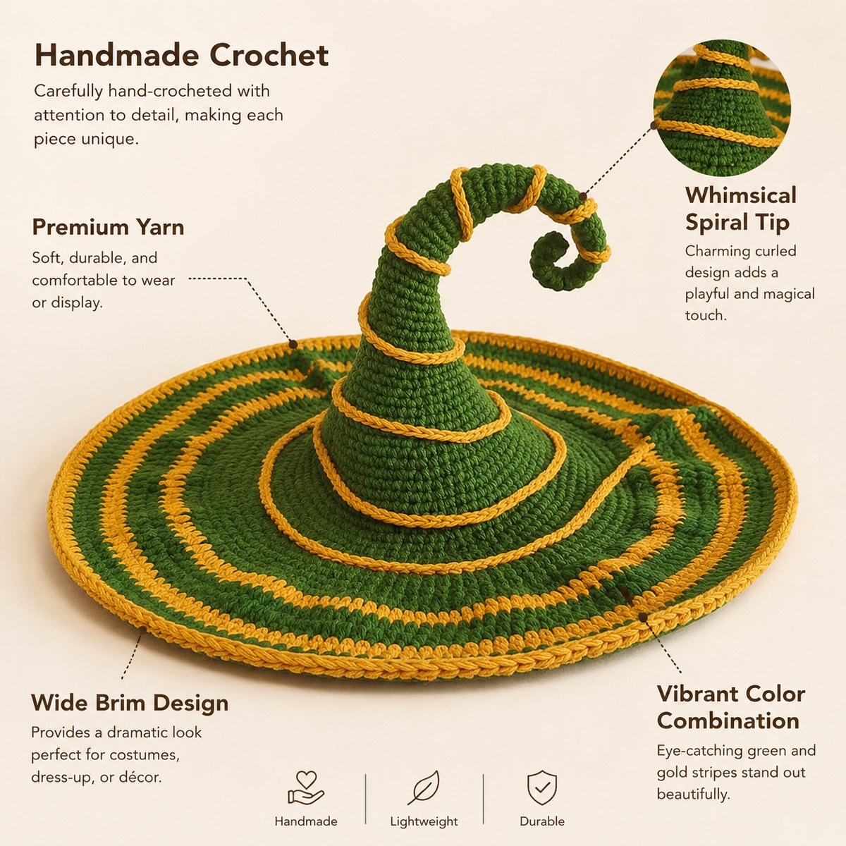 Green Witch Hat Crochet Kit with Golden Stripes