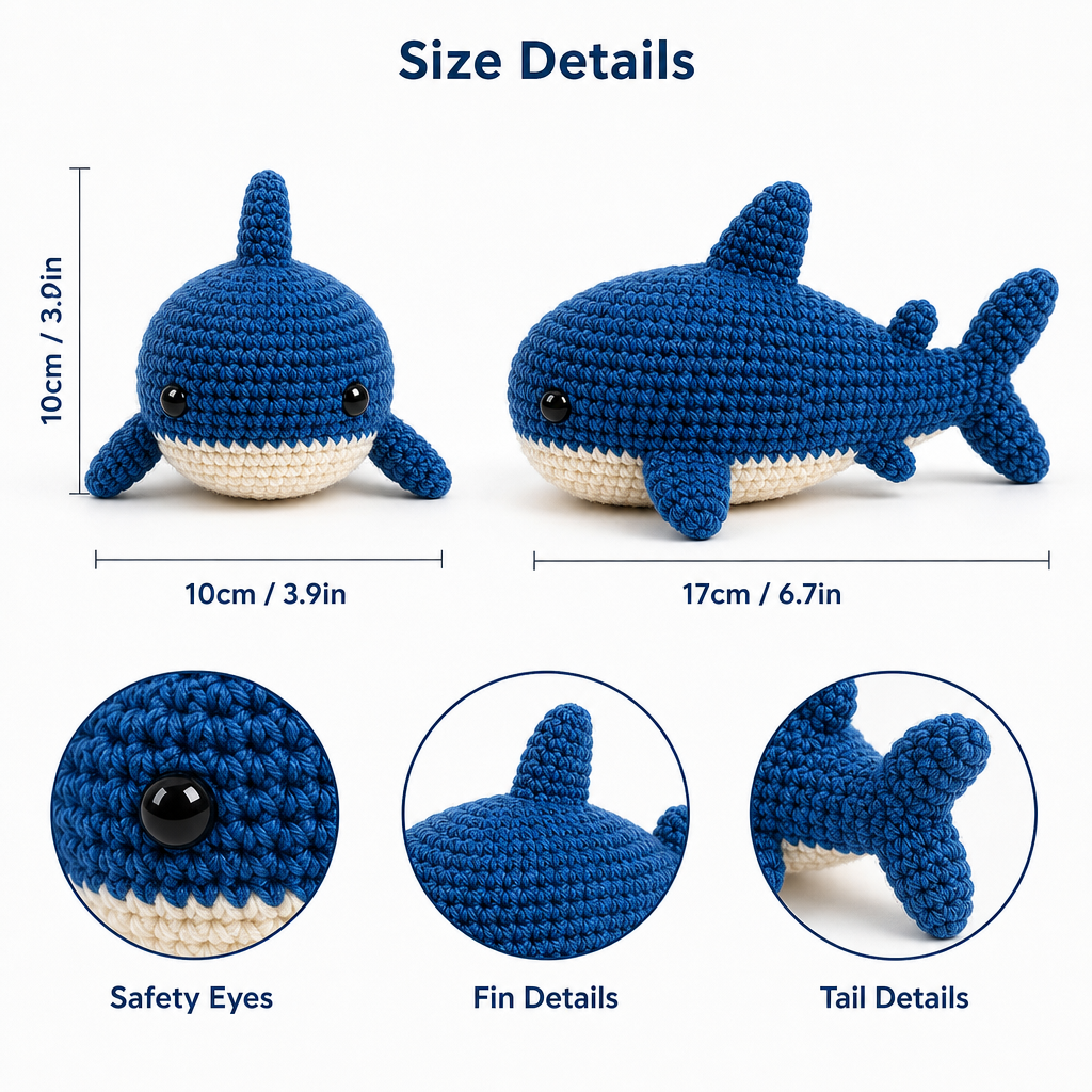 Three-Shark Crochet Kit – Blue, Black & Pink Set